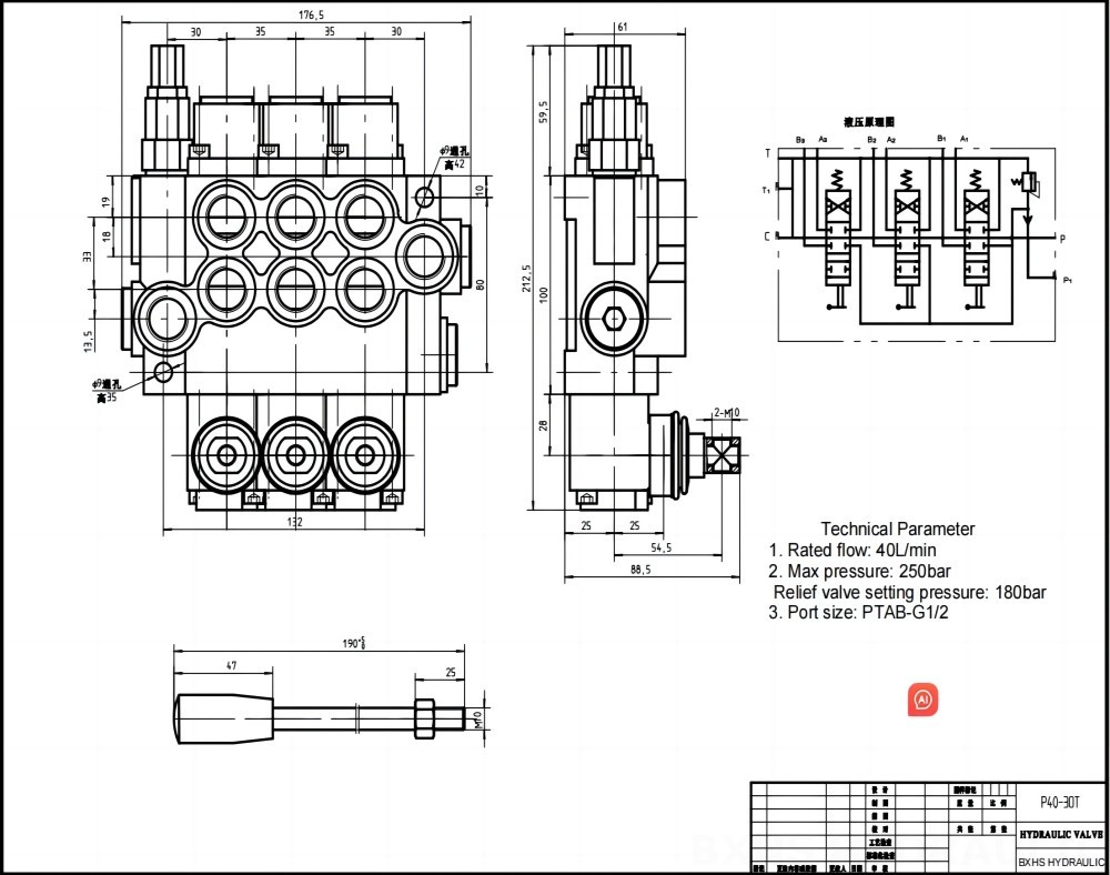 P40 Điều khiển thủ công Xy lanh 3 Van định hướng khối liền drawing image