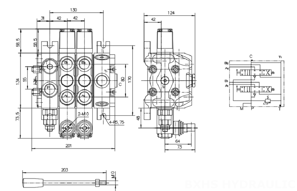 DCV100 Điều khiển thủ công Xy lanh 2 Van định hướng phân đoạn drawing image