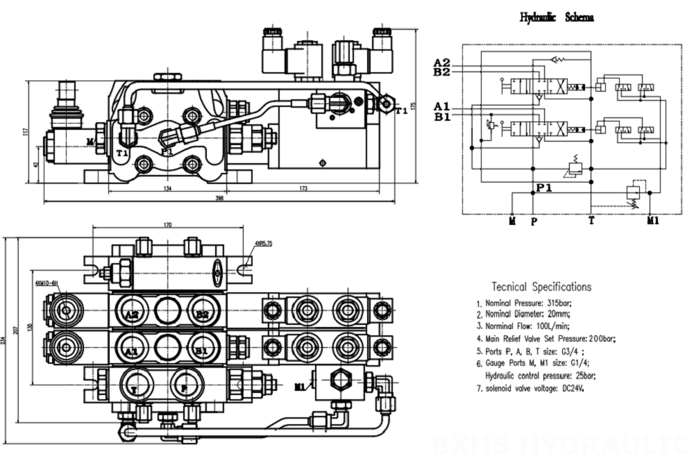 DCV100 Điện khí-thủy lực Xy lanh 2 Van định hướng phân đoạn drawing image