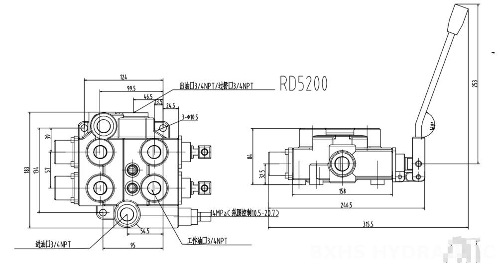 RD5200 Điều khiển thủ công Xy lanh 2 Van điều khiển thủy lực drawing image