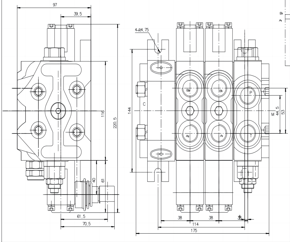 DCV60 Điều khiển thủ công Xy lanh 2 Van định hướng phân đoạn drawing image