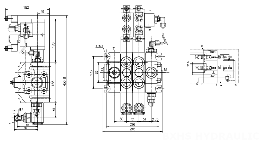 DCV200 Điện khí-thủy lực Xy lanh 2 Van định hướng phân đoạn drawing image