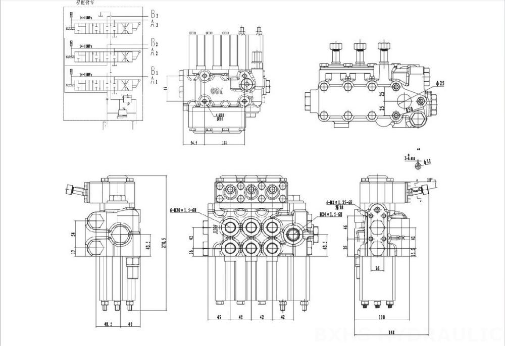MP80 Điều khiển thủ công Xy lanh 3 Bộ phân phối thủy lực drawing image