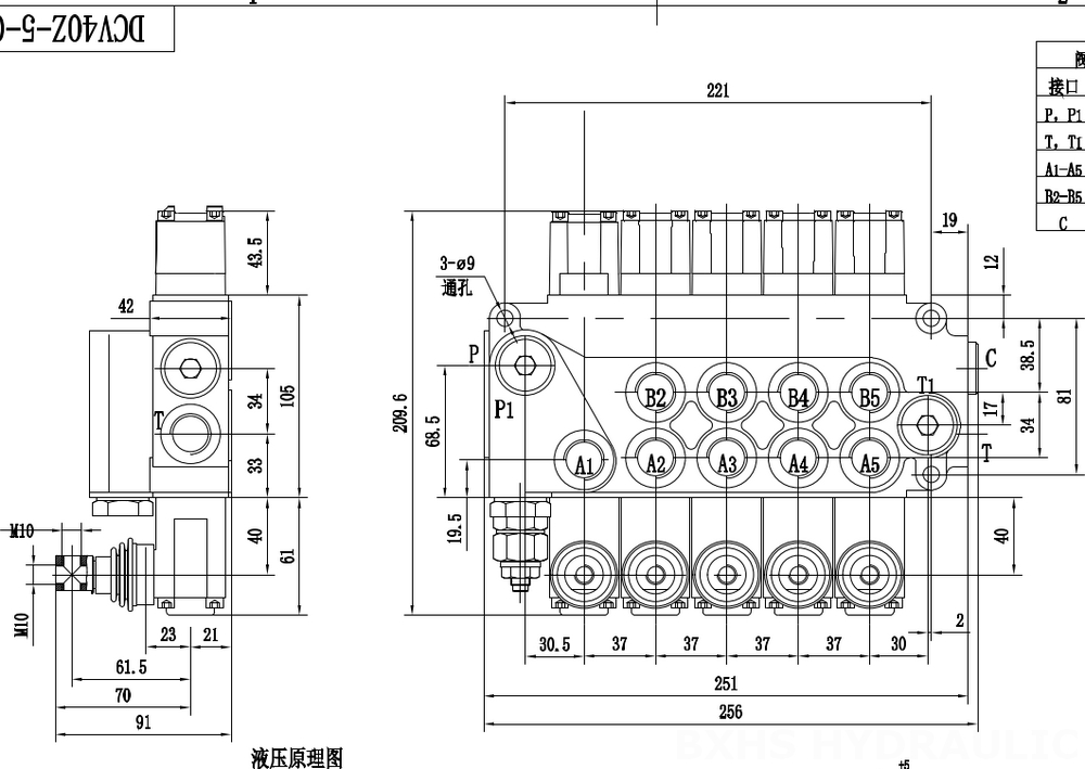 DCV40Z Điều khiển thủ công Xy lanh 5 Van định hướng khối liền drawing image