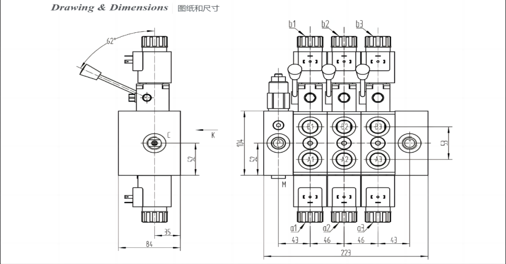 DCV58 Biến áp và thủ công Xy lanh 3 Van định hướng phân đoạn drawing image