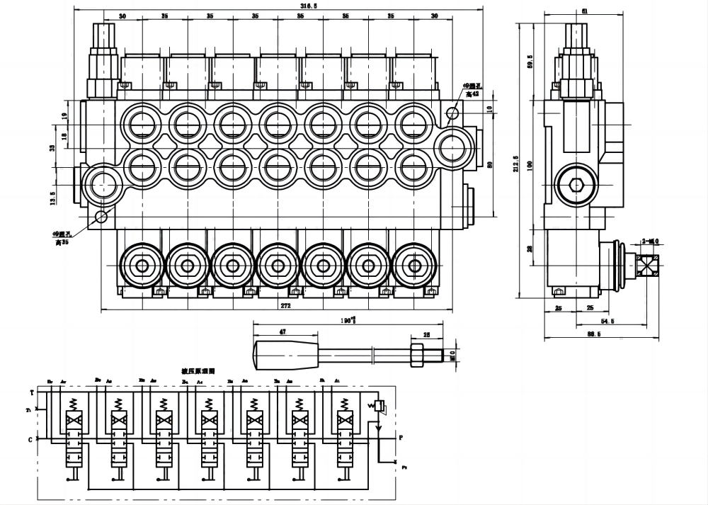 P40-G12-7OT Điều khiển thủ công Xy lanh 7 Van định hướng khối liền drawing image