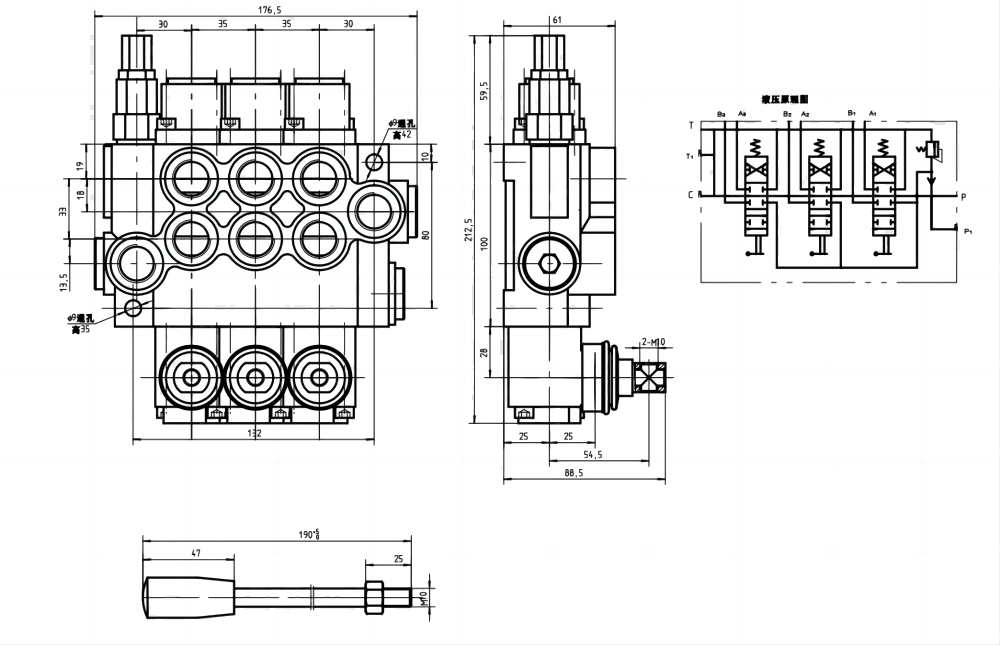 P40-G38-G12-OT-OT-OT Điều khiển thủ công Xy lanh 3 Van định hướng khối liền drawing image