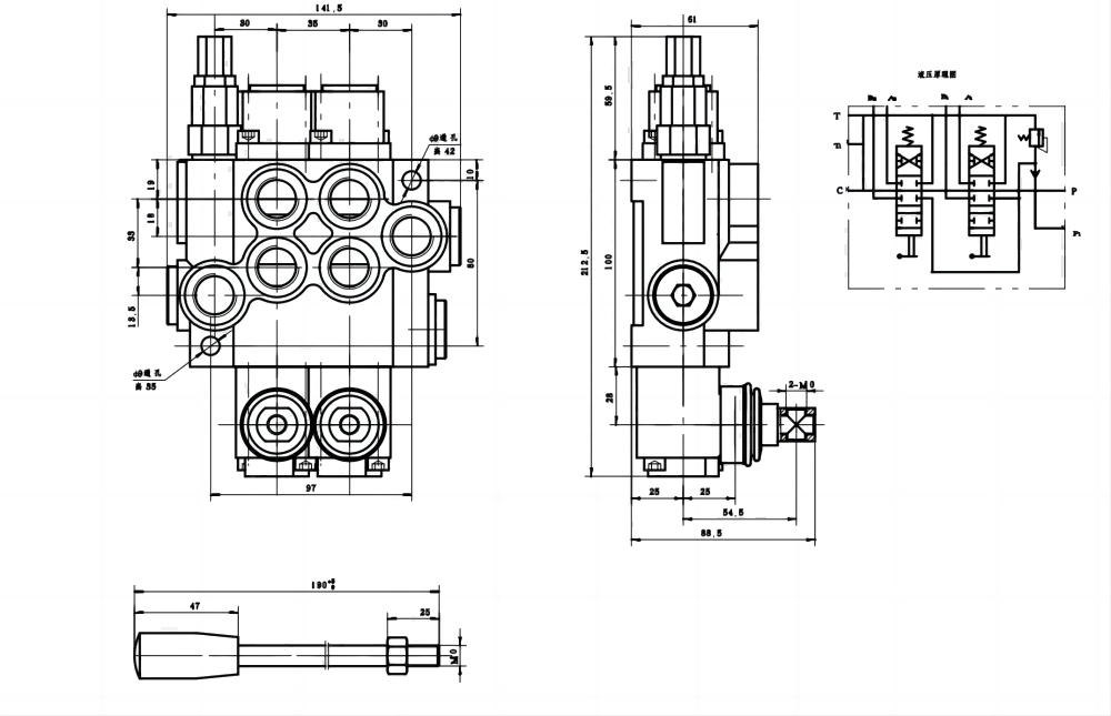 P40-G12-G38-OT Điều khiển thủ công Xy lanh 2 Van định hướng khối liền drawing image