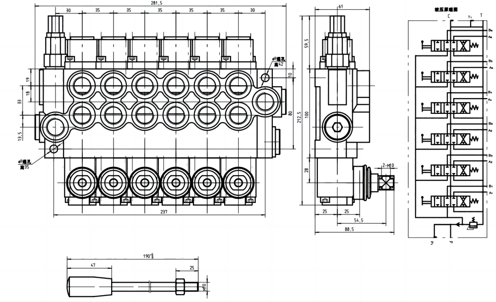 P40-U34 Điều khiển thủ công Xy lanh 6 Van định hướng khối liền drawing image