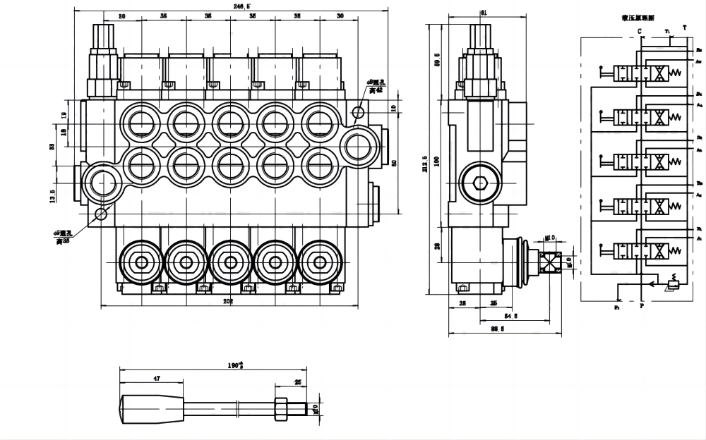 P40-U34-U78 Điều khiển thủ công Xy lanh 5 Van định hướng khối liền drawing image