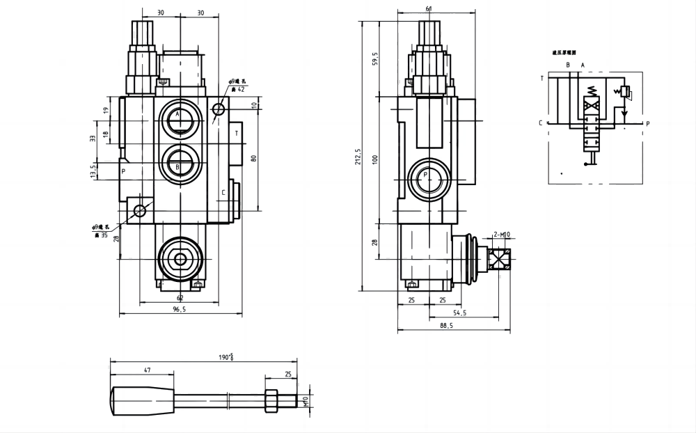 P40-OT Điều khiển thủ công Xy lanh 1 Van định hướng khối liền drawing image