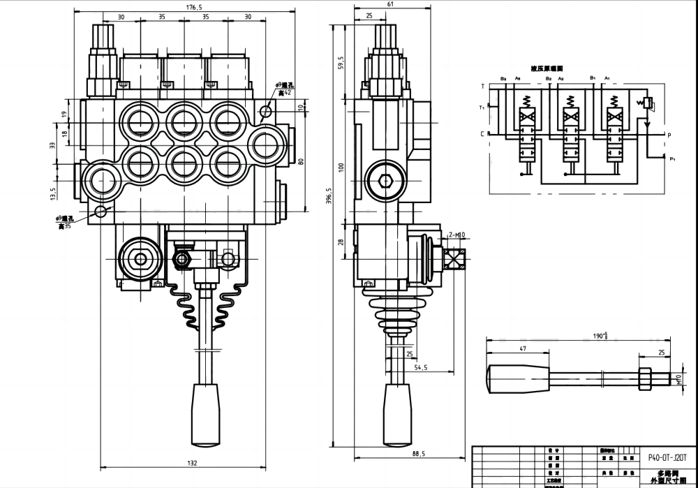 P40 Thủ công và tay điều khiển Xy lanh 3 Van định hướng khối liền drawing image