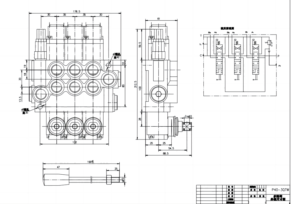 P40-G12-G38-3QTW Điều khiển thủ công Xy lanh 3 Van định hướng khối liền drawing image