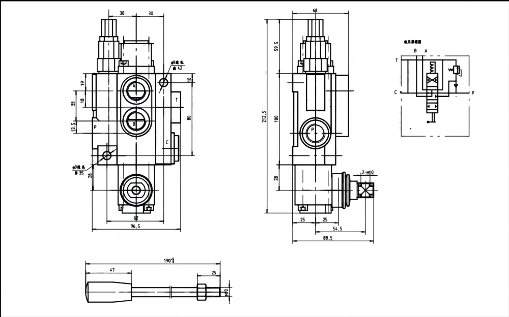 P40-G12-YW Điều khiển thủ công Xy lanh 1 Van định hướng khối liền drawing image