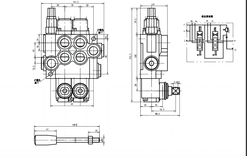 P40-U78-U34-OT-YW Điều khiển thủ công Xy lanh 2 Van định hướng khối liền drawing image