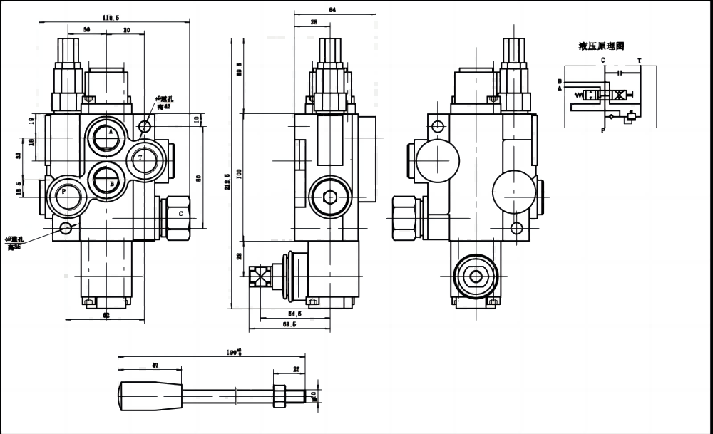 P40J Điều khiển thủ công Xy lanh 1 Van định hướng khối liền drawing image