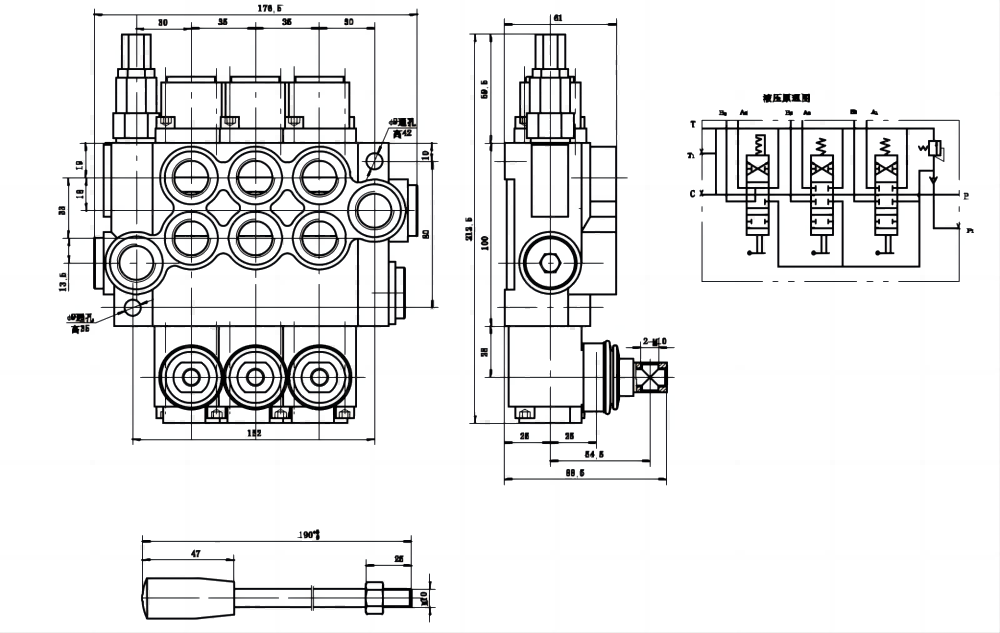 P40-U78-U34-2OT-YW Điều khiển thủ công Xy lanh 3 Van định hướng khối liền drawing image