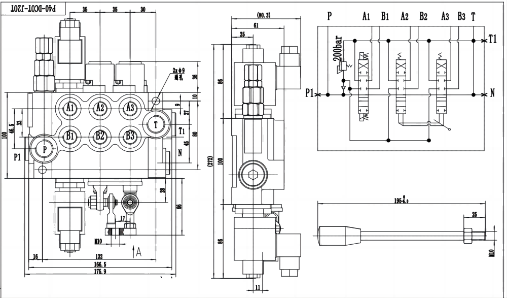 P40 Biến áp và tay điều khiển Xy lanh 3 Van định hướng khối liền drawing image