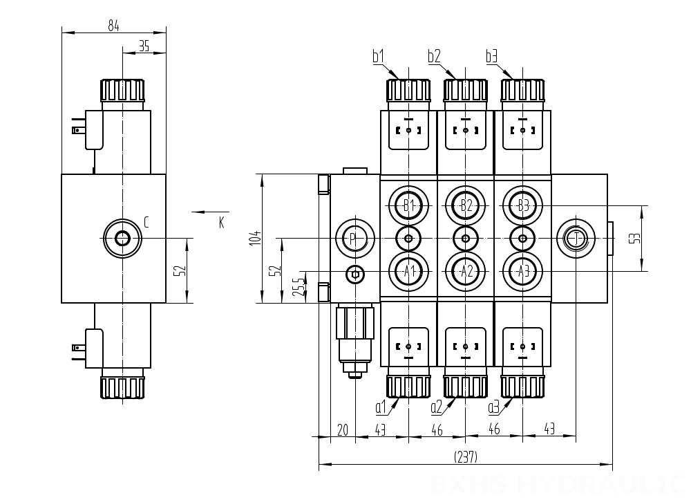 DCV58 Biến áp Xy lanh 3 Van định hướng phân đoạn drawing image