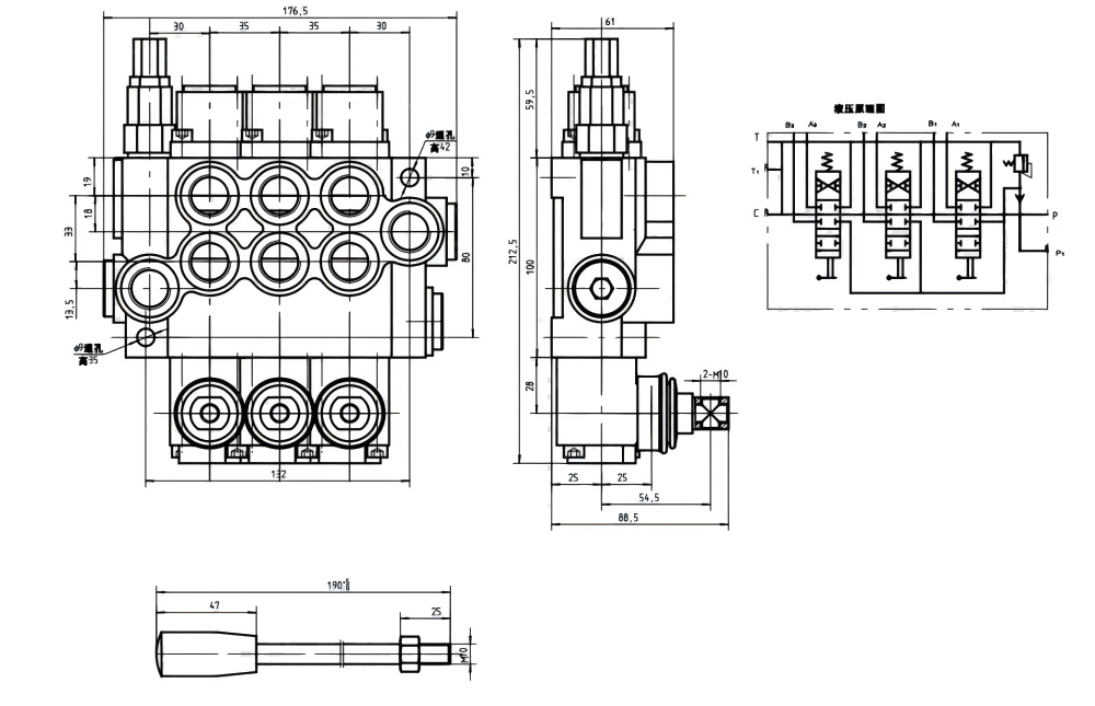 P40-G12 Điều khiển thủ công Xy lanh 3 Van định hướng khối liền drawing image