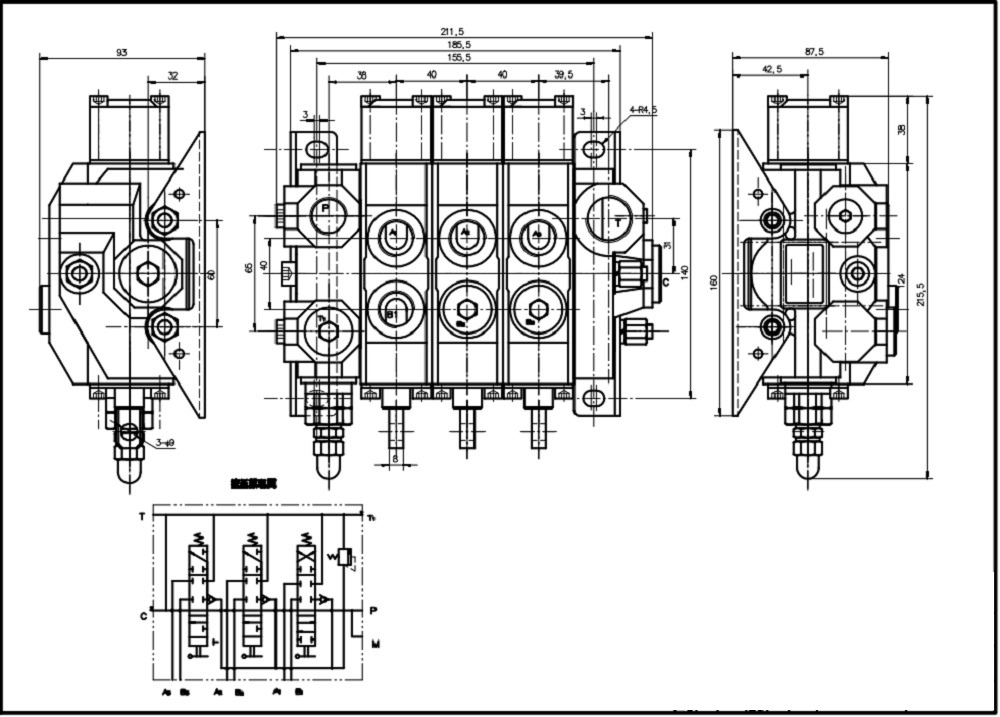 HSDS15 Điều khiển thủ công Xy lanh 3 Van định hướng khối liền drawing image