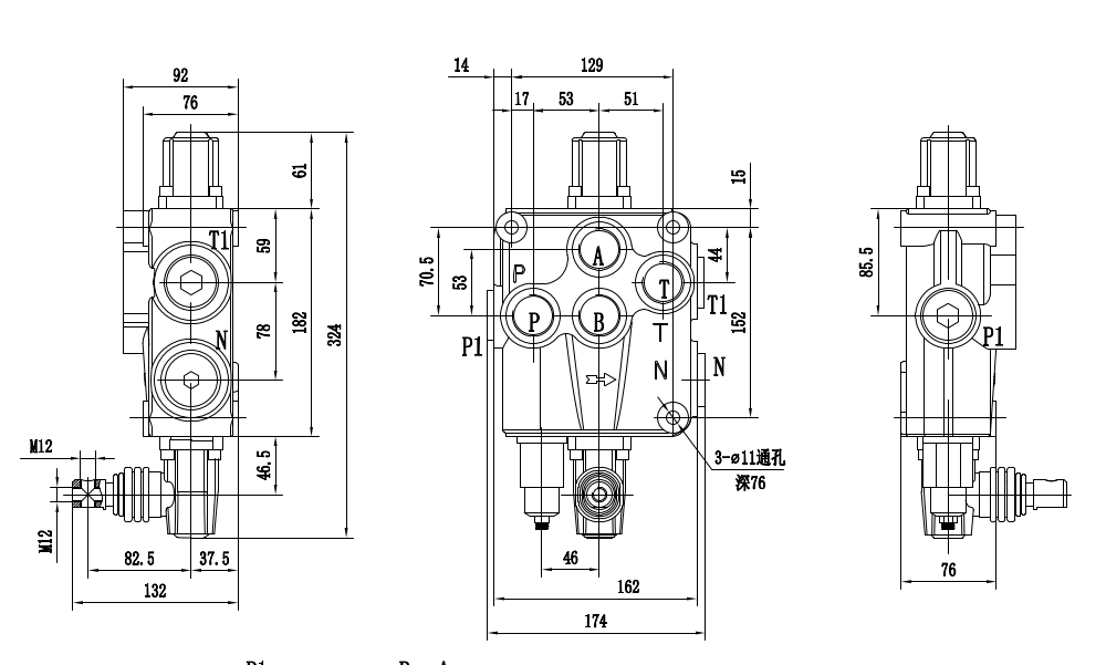 P120-G1-OT Điều khiển thủ công Xy lanh 1 Van định hướng khối liền drawing image