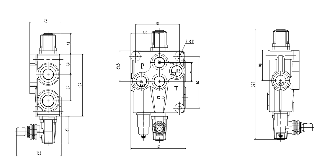 P120-G1 Điều khiển thủ công Xy lanh 1 Van định hướng khối liền drawing image