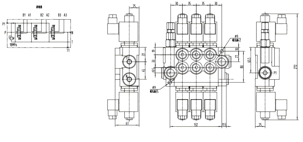 P40-DKL Biến áp Xy lanh 3 Van định hướng khối liền drawing image