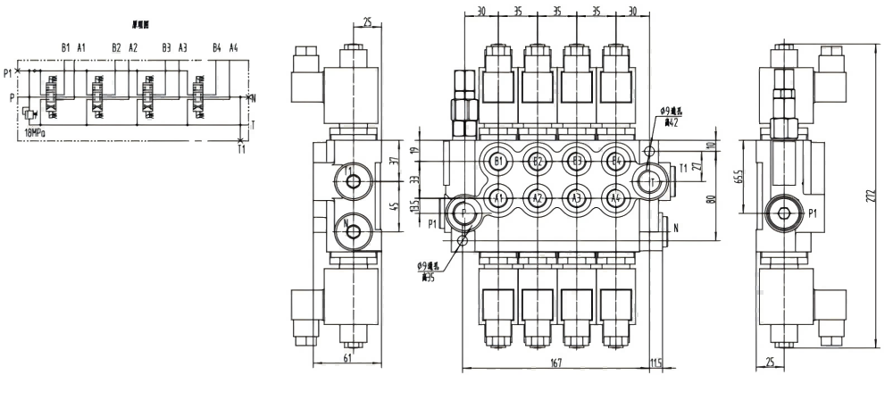 P40-DKL Biến áp Xy lanh 4 Van định hướng khối liền drawing image