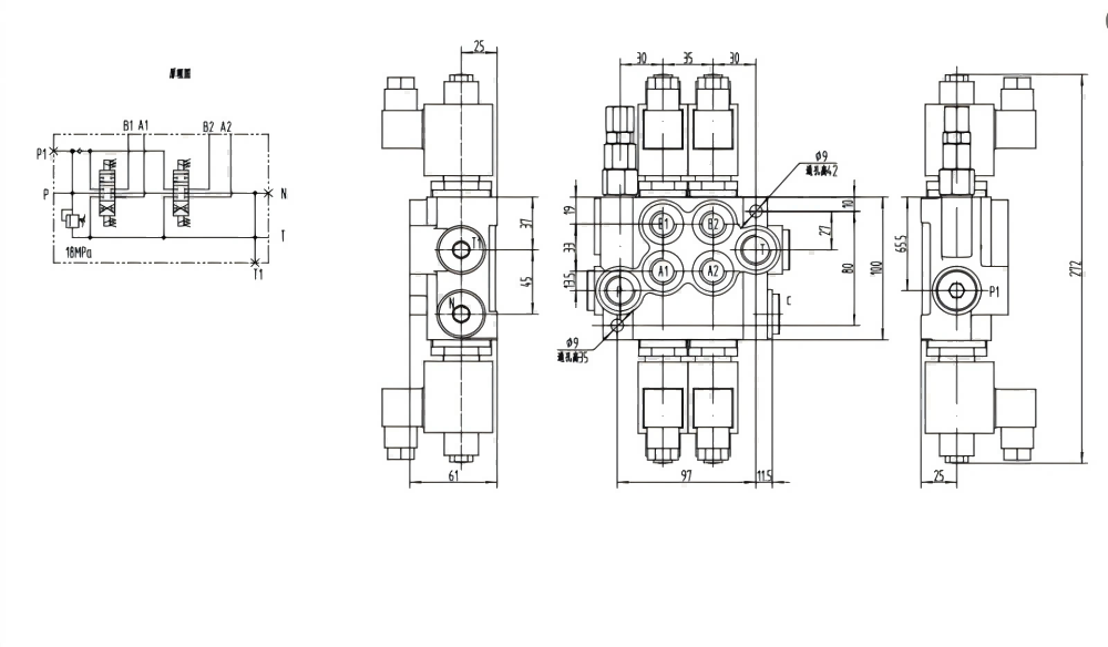 P40-DKL Biến áp Xy lanh 2 Van định hướng khối liền drawing image