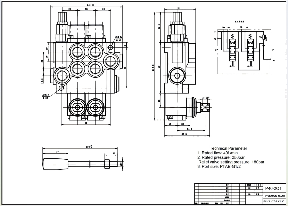 P40-XNHJ Điều khiển thủ công Xy lanh 2 Van điều hướng Monoblock drawing image