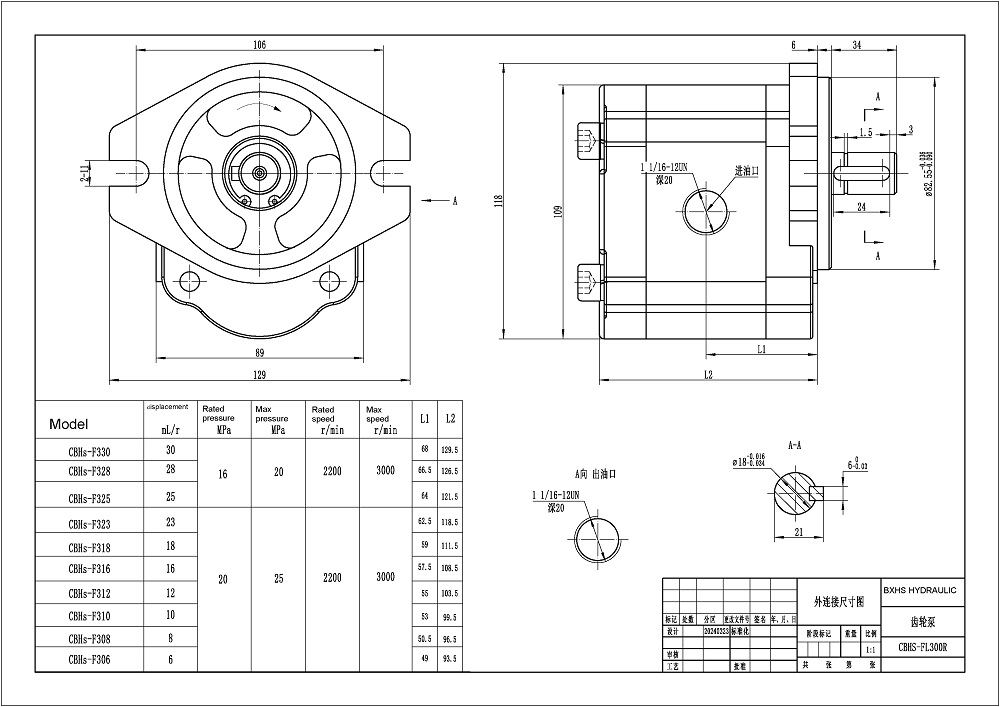 CBHS-FL-306 Lượng dịch chuyển mỗi vòng quay Bơm bánh răng thủy lực drawing image
