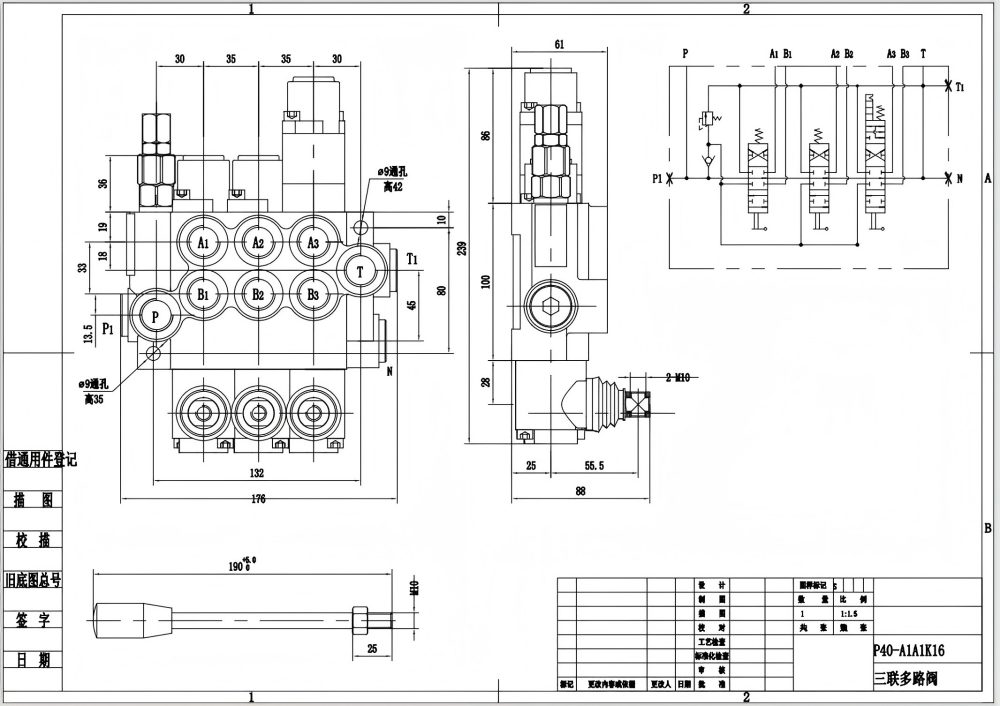 P40-G12-G38-2OT-QTW1 Điều khiển thủ công Xy lanh 3 Van điều hướng Monoblock drawing image