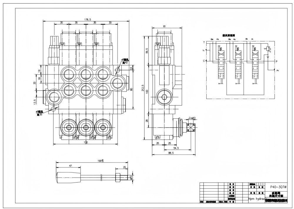 P40-G38-G12-QTW Điều khiển thủ công Xy lanh 3 Van điều hướng Monoblock drawing image