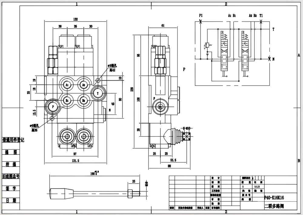 P40-G12-G38-2QTW1 Điều khiển thủ công Xy lanh 2 Van điều hướng Monoblock drawing image