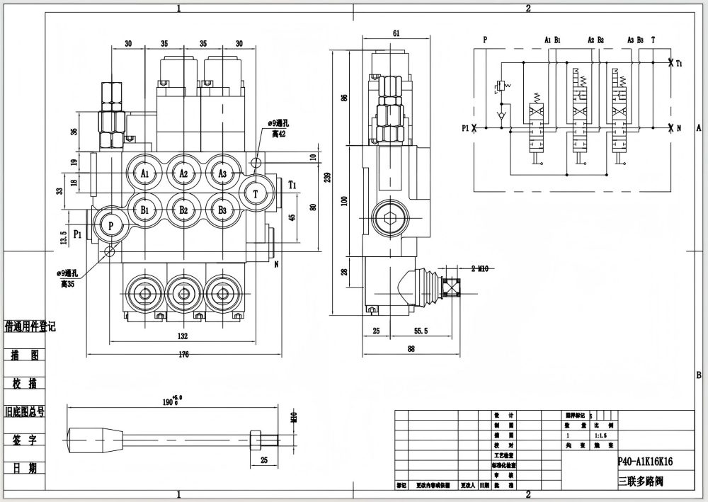 P40-G12-G38-OT-2QTW1 Điều khiển thủ công Xy lanh 3 Van điều hướng Monoblock drawing image