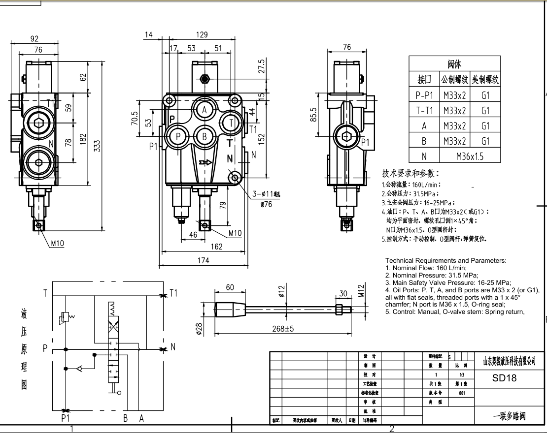 SD18 Điều khiển thủ công Xy lanh 1 Van điều hướng Monoblock drawing image
