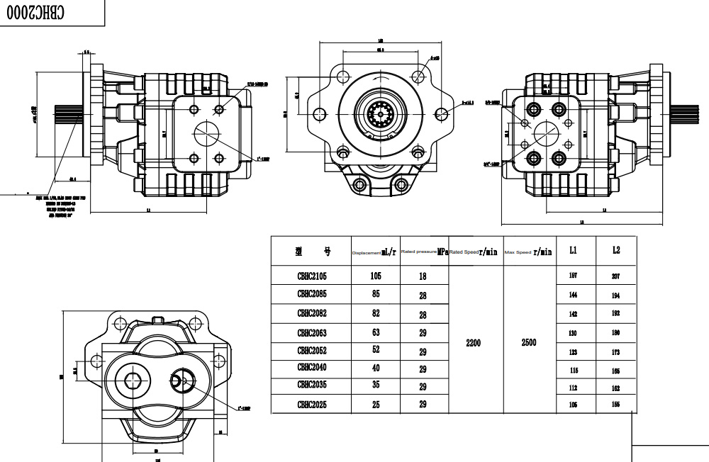 CBHC-2082 82 cc/vòng 28 MPa (4061 psi) Bơm bánh răng thủy lực drawing image