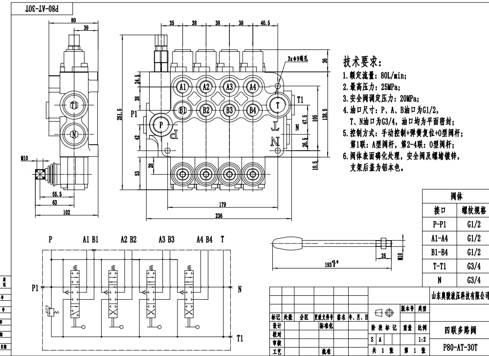 P80-G34-G12-AT-3OT Điều khiển thủ công Xy lanh 4 Van điều hướng Monoblock drawing image