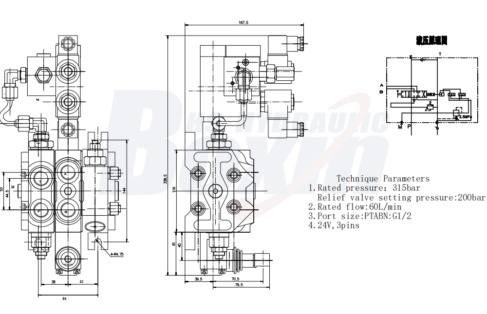DCV60 Điện khí-thủy lực 1 ống Van định hướng phân đoạn drawing image