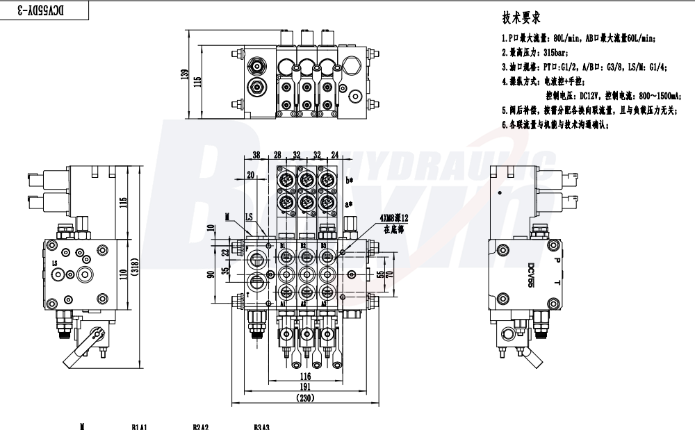 DCV55 Điện khí-thủy lực 3 ống Van định hướng phân đoạn drawing image