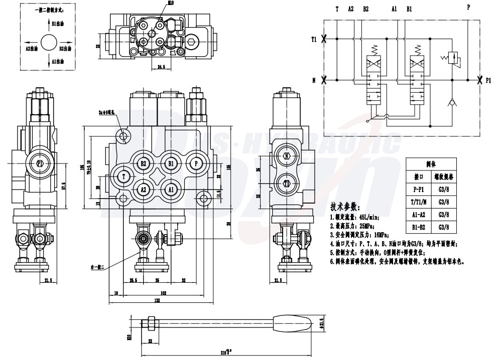 HS45 Tay điều khiển 2 ống Van điều hướng drawing image