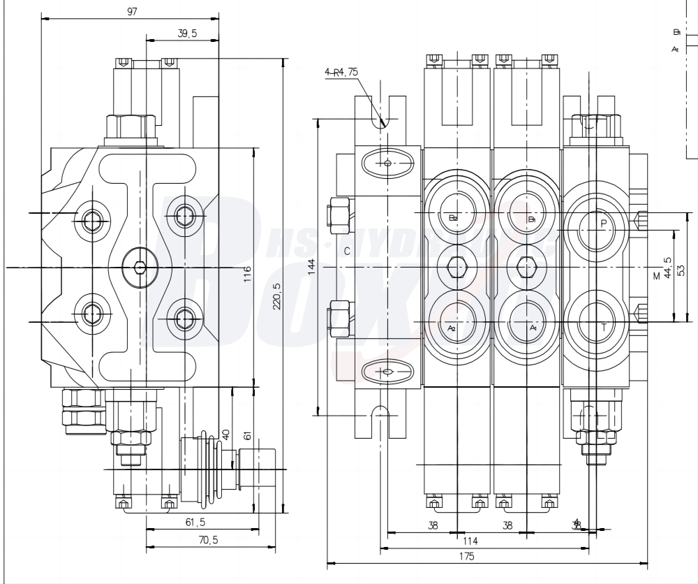DCV60-FZJ Điều khiển thủ công 2 ống Van định hướng phân đoạn drawing image