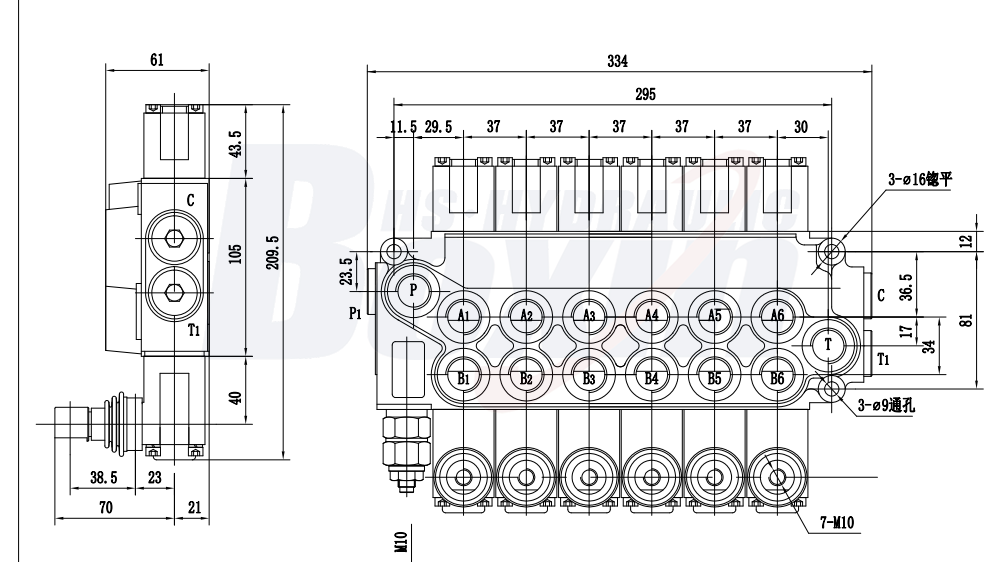 DCV40 Điều khiển thủ công 6 cuộn Van điều hướng drawing image