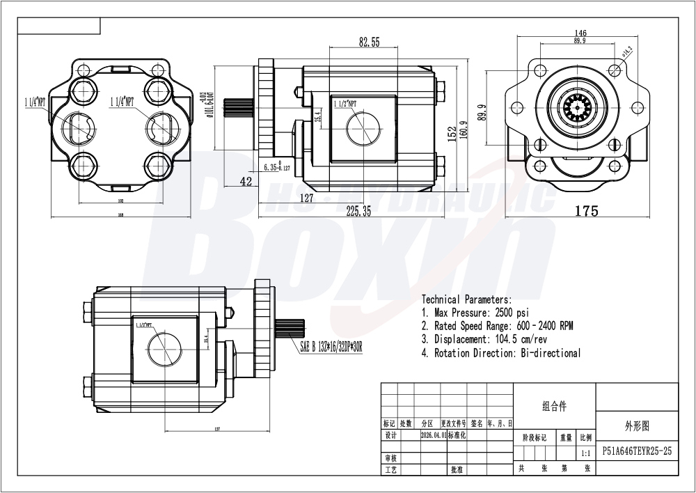P51A646TEYR25-25 104.5 cc/vòng Áp suất 16 MPa (2320 psi) Bơm bánh răng thủy lực drawing image