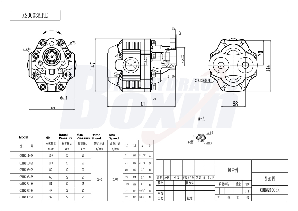 CBHW-UNI-80 80 cc/vòng Áp suất 25 MPa (3625 psi) Bơm bánh răng thủy lực drawing image